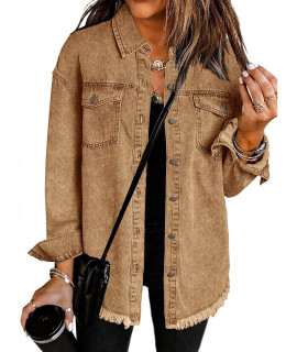 Vetinee Womens Jacket Women Oversized Boyfriend Almond Brown Front Button Up Frayed Raw Hem Long Sleeve Pockets Denim Jean Jacket Shacket X-Large Size 16 Size 18
