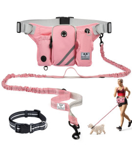 Shine Hai Retractable Hands Free Dog Leash With Dual Bungees For Dogs, Adjustable Waist Belt Bag, Reflective Stitching Leash For Running Walking Hiking Jogging Biking - Pink