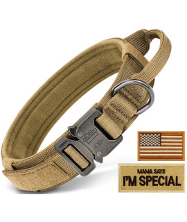Erbine Strong Tactical Dog Collar, Military Dog Collar With Durable Handle, Thick Wide Heavy Duty Dog Collars With Metal Buckle For Medium Large And Extra Large Dogs(Khaki Brown,L)