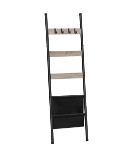 Hoobro Blanket Ladder, 5 Tier Towel Rack, 173 L X 63 H, Wall-Leaning Blanket Rack, Decorative Ladder Shelf With 4 Hooks And Pocket, Drying And Display Rack For Bathroom, Greige Bg32Cj01