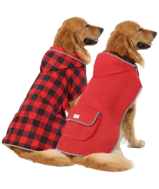 HDE Reversible Dog Raincoat Hooded Slicker Poncho Rain Coat Jacket for Small Medium Large Dogs Buffalo Plaid/Red - 3XL