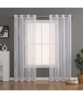 Dreaming Casa White Sheer Curtains 102 Inches Long 2 Panels Set, Foil Silver Streamer Grommet See Through Voile Window Curtains 52 W X 102 L