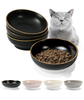 Ymasins Ceramic Cat Bowls 4 Pack, Cat Food Bowls Cat Feeding Wide Bowls To Stress Relief Of Whisker Fatigue Cat Dishes, Shallow Bowls For Kittens And Small Animals With Non-Slip Mat, Pure Black