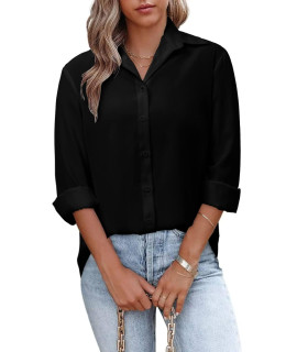 Onlyshe Women V Neck Blouse Button Down Tops Cute Collared Long Sleeve Solid Color Petite Size Shirts Black S