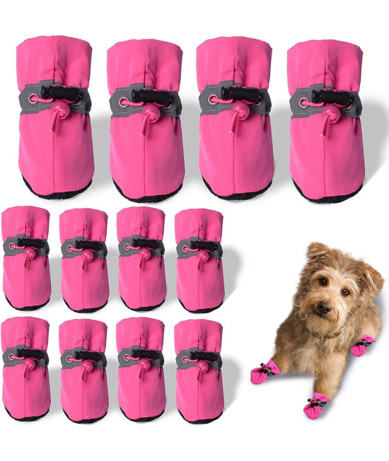 Teozzo Dog Boots & Paw Protector, Anti-Slip Sole Winter Snow Dog Booties With Reflective Straps Dog Shoes For Small Medium Dogs 12Pcs Pink 4-3Pair