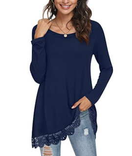 Popyoung Fall Long Sleeve Tunic Tops For Leggings For Women Crewneck Casual Blouse T-Shirt, Lace Hem, L, Navy Blue