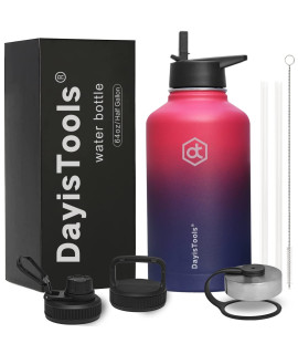 Dayistools 64 Oz Insulated Water Bottle With Straw & 4 Lids, Half Gallon Large Metal Reusable Water Bottles, Big Bpa Free Stainless Steel Vacuum Water Jug For Sports, Gym, Travel (Keep Cold & Hot)