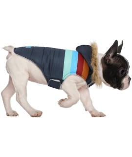 HDE Dog Puffer Jacket Fleece Lined Warm Dog Parka Winter Coat with Harness Hole Navy Retro Stripe - M