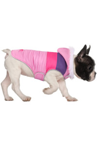 HDE Dog Puffer Jacket Fleece Lined Warm Dog Parka Winter Coat with Harness Hole Pink Stripe - S