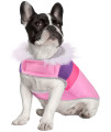 HDE Dog Puffer Jacket Fleece Lined Warm Dog Parka Winter Coat with Harness Hole Pink Stripe - S