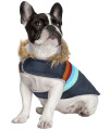 HDE Dog Puffer Jacket Fleece Lined Warm Dog Parka Winter Coat with Harness Hole Navy Retro Stripe - S