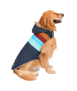 HDE Dog Puffer Jacket Fleece Lined Warm Dog Parka Winter Coat with Harness Hole Navy Retro Stripe - XL