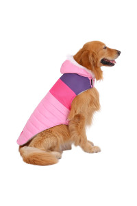 HDE Dog Puffer Jacket Fleece Lined Warm Dog Parka Winter Coat with Harness Hole Pink Stripe - XXL