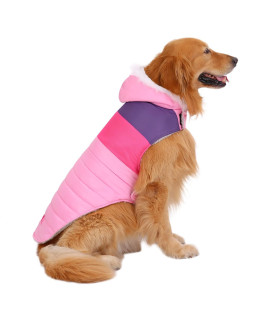 HDE Dog Puffer Jacket Fleece Lined Warm Dog Parka Winter Coat with Harness Hole Pink Stripe - L