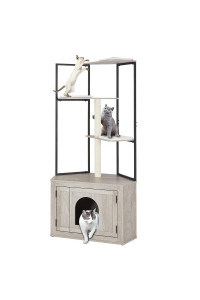 unipaws Corner Cat Litter Box Enclosure with Cat Tree Tower, Hidden Cat Washroom Furniture with Scratching Post and Soft Perch, Indoor Wooden Cat Condo with Multiple Platforms