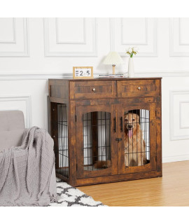 Dog Crate Furniture with Cushion,Wooden Dog Crate Table with 2 Drawers,3-Doors Dog Furniture,Indoor Dog Kennel,Dog House,Dog Cage,Side End Table,Rustic Brown 39.4" L