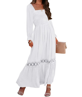 Zesica Womens 2023 Boho Long Sleeve Square Neck Smocked High Waist Flowy A Line Lace Trim Maxi Dress,White,Small