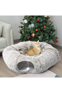 Auoon Cat Tunnel Bed With Central Mat,Big Tube Playground Toys,Soft Plush Material,Full Moon Shape For Kitten,Cat,Puppy,Rabbit,Ferret (Khaki)