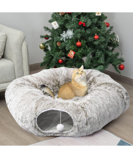 Auoon Cat Tunnel Bed With Central Mat,Big Tube Playground Toys,Soft Plush Material,Full Moon Shape For Kitten,Cat,Puppy,Rabbit,Ferret (Khaki)