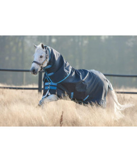 Horseware Ireland Amigo Bravo 12 Plus Pony Turnout Blanket (250g Medium, 150g Hood), Navy (Turquoise/Aqua Trim), Size: 63