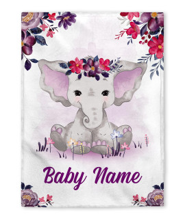 Flochil Personalized Baby Blankets, Custom Baby Blanket - Baby Blanket With Name For Girls, Best Gift For Baby, Newborn Elephants Plush Fleece (30X40)