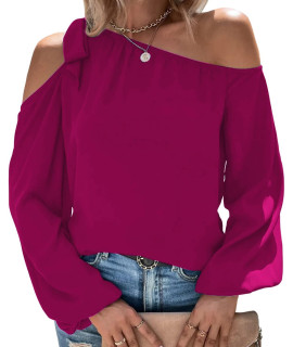 Bengbobar Womens Long Lantern Sleeve Off Shoulder Tops Solid Color Lightweight Chiffon Blouse Shirts Medium Winered