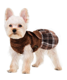 Winter Dog Dress, Fleece Dog Sweater For Small Dogs, Cute Warm Pink Plaid Puppy Dresses Clothes For Chihuahua Yorkie, Soft Pet Doggie Clothing Flanne Lining Cat Apparel (Brown, Small)