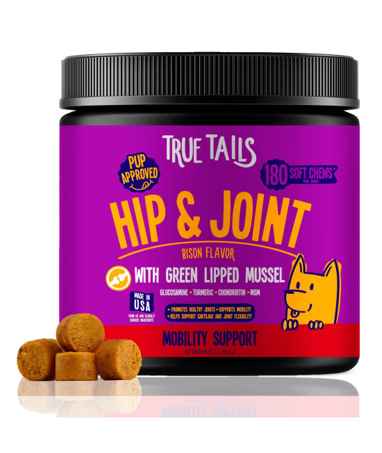 True Tails Dog Joint Supplement With Bison Flavor - 180Pcs Soft Dog Chews With Green Lipped Mussel - Premium Hip & Joint Supplement For Dogs - Dog Treats Soft Supports Joint Strength, Mobility