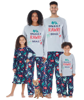 Our Family Pjs Holiday Family Matching Navy Dinosaurs Fleece Pajama Pj Sets, Christmas Dinosaurs, Large, Womens (Pj Set)