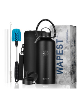 Wapest 87 Oz Insulated Water Bottle With With Paracord Handle Bottle Brush(Cold For 48 Hrshot For 24 Hrs), Double Walled Vacuum Stainless Steel Water Flask With 2 Lids And Carrying Pouch, Black