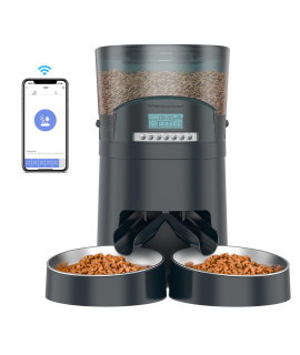 Honeyguaridan Automatic Cat Feeders 2 Cats 6545L, 24G Wifi Smart Pet Feeder With App Control For Cats And Dogs Dry Food Dispenser With 2 Stainless Steel Bowl, Desiccant Bag, 10S Voice Recorder