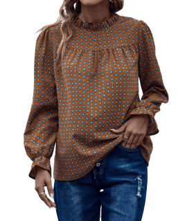 Romwe Womens Floral Print Flounce Long Sleeve Mock Neck Work Blouses Tops Brown Allover Print L