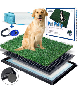 petwish Dog Grass Pad with Tray Indoor Dog Potty Grass pad for Dogs - Portable Training Pad with Tray and Artificial Grass for Dogs (20" x 16") - Additional 12Pcs Pee Pads and a Dog Training Clicker.