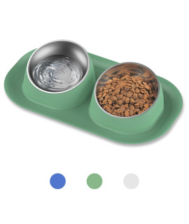 Ptlom Dog Cat Basic Food And Water Bowl Set, 2 Removable Stainless Steel Feeding Bowls With Non-Slip Leak-Proof Plastic Stand Suitable For Small And Medium Pet Puppy Feeder Tableware Supplies, Green