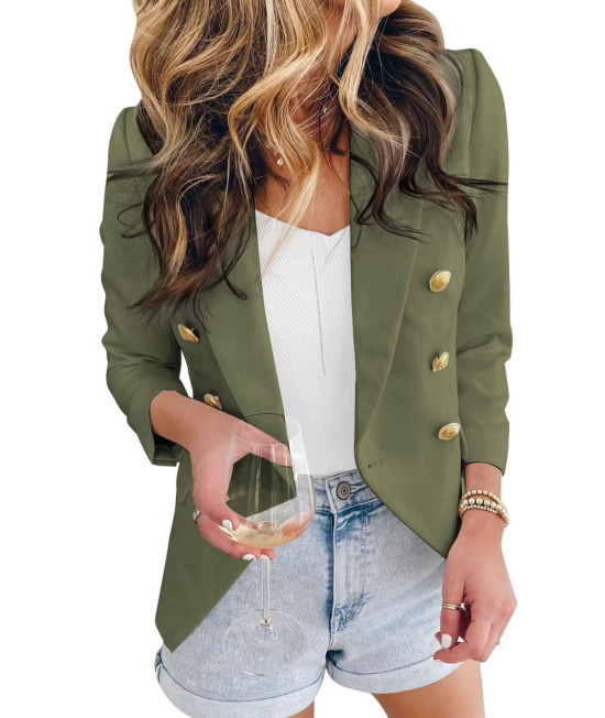 Asvivid Vintage Double Breasted Work Green Blazers For Women Work Profession Plus Size Solid Lightweight Long Sleeve Cardigan 2Xl
