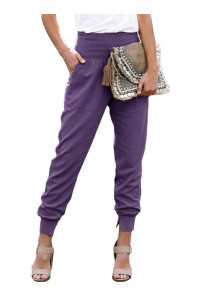 Dokotoo Womens Casual Solid Color Front Roomy Pockets Drawstring Elastic Waist Cotton Comfy Jogging Pants Jogger Pants Fashion Sweatpants Purple Medium
