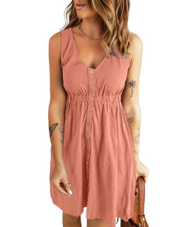 Blencot Summer V Neck Button Down Dresses For Women Casual Sleeveless A-Line Swing Short Dress Orange Pink 2Xl