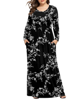 Longyuan Womens Long Sleeve Casual Dresses Plus Size Loose Comfy Elastic Dress With Pockets 5Xl,White Black Flower