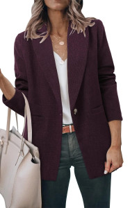 Blazer Jackets For Women Long Sleeve Lapel Padded Shoulder Dark Purple Regular Fit Open Front Solid Color Casual Blazer