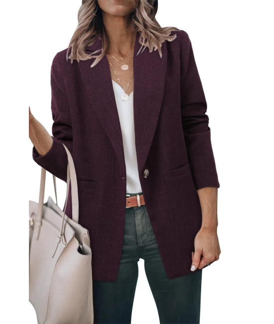 Blazer Jackets For Women Long Sleeve Lapel Padded Shoulder Dark Purple Regular Fit Open Front Solid Color Casual Blazer