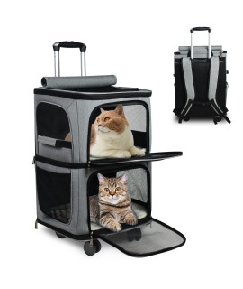 GJEASE Double-Compartment Pet Dog Rolling CarrierBackpack with Wheels,Cat Carrier for 2 Cats,Super Ventilated Design,Ideal for Traveling/Hiking /Camping
