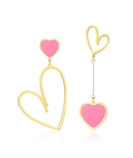 Linawe Hot Pink Heart Earrings For Women Drop Dangle Cute Asymmetric Mismatched 14K Gold Fuschia Love Dangling Statement Teacher Fun Unique Fashion Jewelry Costume Queen Hearts Gift For Her Valentine