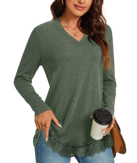 Anyhold Womens Fall Long Sleeve Tunic Tops For Leggings V Neck Lace Hem Casual Loose Fit Blouse Shirt Medium, Hb Dark Green