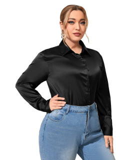 Soly Hux Womens Satin Silk Long Sleeve Button Down Shirt Formal Work Blouse Top Pure Black Plus 2Xl