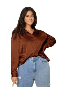Soly Hux Womens Satin Silk Long Sleeve Button Down Shirt Formal Work Blouse Top Pure Rust Brown Plus 1Xl