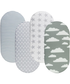 Bassinet Fitted Sheets 4 Pack For Baby Boy And Girl, Stretchy Soft Knitted Sheet Universal For Hourglass Oval And Rectangle Bassinet Mattress, Unisex Stripe Star Cloud And Arrow Printing