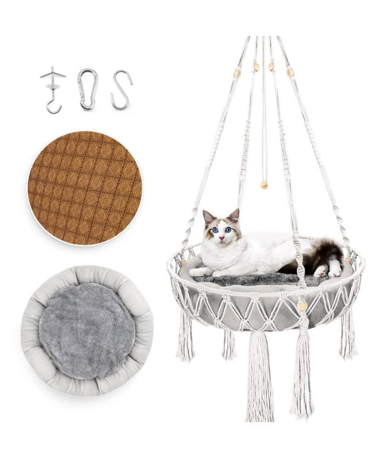 Anzome Hanging Cat Bed Handwoven Macrame Cat Hammock With 2 Washed Mat & Hanging Kit For Kitten Sleeping Climbing Playing Home Decor Indoor Cat Window Perch