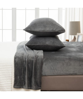 Great Bay Home Micro Fleece Extra Soft Cozy Velvet Plush Solid Sheet Set Deluxe Bed Sheets With Deep Pockets Velvet Luxe Collection (Full, Dark Grey)