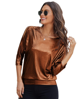Women Glitter Shiny Metallic T Shirt Cold Shoulder Batwing Dolman Tops Club Party Holiday Sparkle Tunic Blouse S