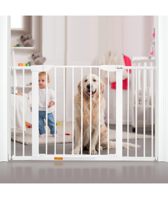 Kbytdream 295 To 488 Extra Wide Walk Through Pet Gate,Auto Close Safety Baby Gate, Metal Durability Dog Gate For House, Stairs, Doorways,Includes 2 Extension Kit,White